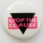 A badge with a black inverted triangle. A pink box over the top reads 'stop the clause'.