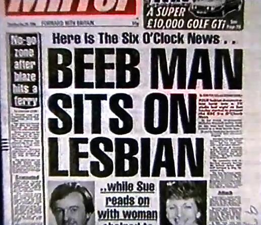 A newspaper headline from the Daily Mirror, reading 'Beeb man sits on lesbian'.