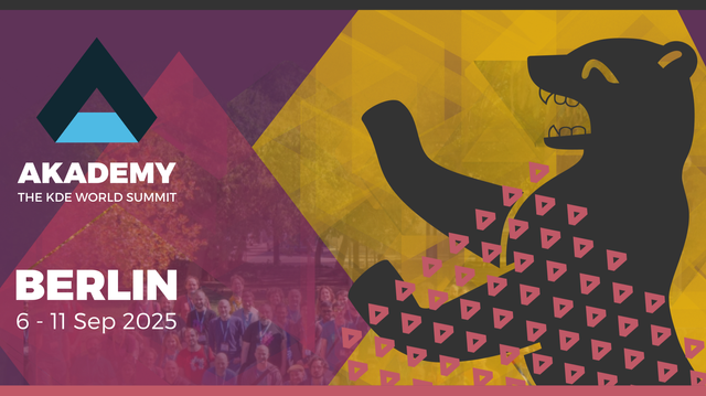 Graphics of the Berlin Bear with Akademy's logo, with a blurred background of last year's group photo from Akademy.