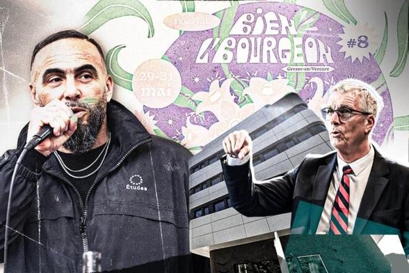 Médine (à gauche) et Jean-Pierre Barbier (à droite). En fond, le conseil départemental de l'Isère et l'affiche du festival. © Photomontage Armel Baudet / Mediapart avec Abaca et MaxPPP
