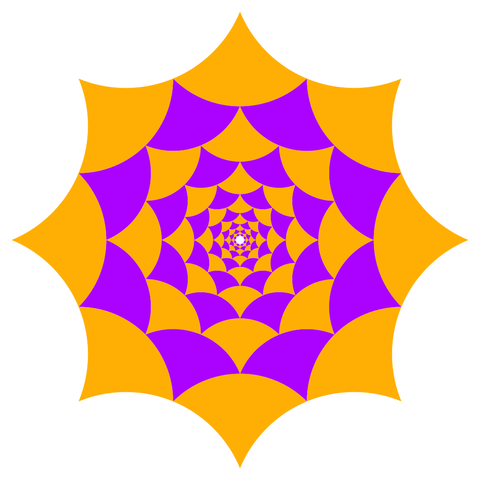Octagonal tiling with curved and pointed tiles, decreasing in size towards the center, yellow and violet colours.