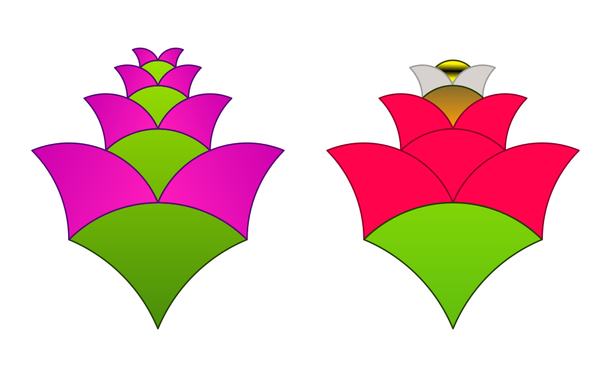 Two flowers using the same curved tile, the first is similar to lavender (purple petals), the second with many reddish petals and a bee on top.