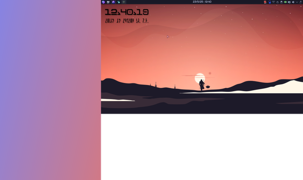 Captura de pantalla de un ordenador con Linux modificado. Se ve un fondo minimalista de la serie The Mandalorian, con un reloj digital con una fuente inspirada en Star Wars. En la parte de arriba de ve una barra de tareas con algunas aplicaciones a la izquierda, reloj y fecha en el centro, y la bandeja del sistema a la derecha.

A la izquierda se ve otro monitor colocado en vertical. Este no tiene ninguna decoración más que un degradado de fondo.