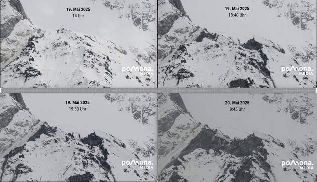 4 still photos from a webcam of the mountain Klein Nesthorn.
Dates taken: May 19, 2pm, May 19 6.40pm, May 19 7.30pm and May 20 9.45am. 
Each shows the snow-covered mountain top. In the first, the top is bulging upwards. In each subsequent still photo, cracks left and right of the top open up further. In the last, the top bulge is now a negative cone, the snow has vanished and bare rock shows.