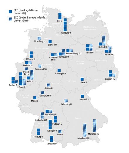 The map shows all newly funded Clusters of Excellence in Germany as of 2019.