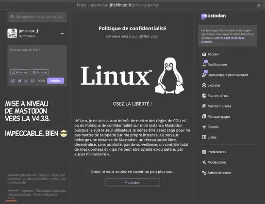 Mise à niveau de #Mastodon vers la v4.3.8, s'est impeccablement bien déroulé 😎

Que demander de plus 😉

Il faut que je pense à leur offrir un ☕

#Mastodon :mastodon: #Fediverse #ActivityPub #OpenSource #Microblogging #NoGAFAM #RegainPrivacy