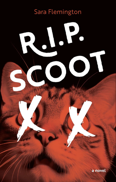 Book cover for R.I.P. Scoot, a novel by Sara Flemington (Nightwood Editions), with a cat photographed with a red filter and x's over its eyes. Dashiell Hammett’s Red Harvest and Mark Haddon’s The Curious Incident of the Dog in the Night-Time meet The Big Lebowski in this literary mystery that asks us to examine what stories, real or fiction, become the metaphors we use for working through our own challenges and uncertainties. https://nightwoodeditions.com/products/9780889714823