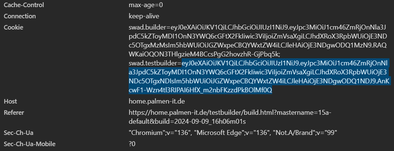 Auth cookies of the "session-less" swad, containing signed JSON web tokens for two realms, here "builder" and "testbuilder"