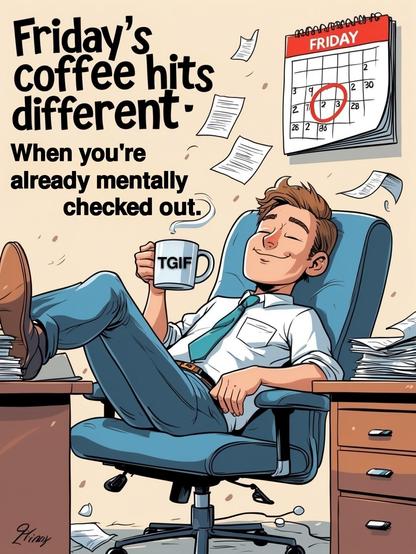 Man relaxing in his desk chair, drinking coffee. it is Friday and he's already mentally checked out.