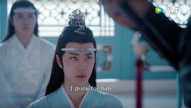 Lan Wangji looks up at Wei Wuxian, out of focus and visible only at the waist where Chenqing is tucked into his sash. Wangji bears a somewhat stunned express including slightly parted lips. Chenqing's bearer speaks:

I drink for him.