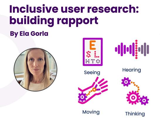 Inclusive user research: building rapport by Ela Gorla, showing a photo of Ela and icons for Seeing, Hearing, Moving, and Thinking