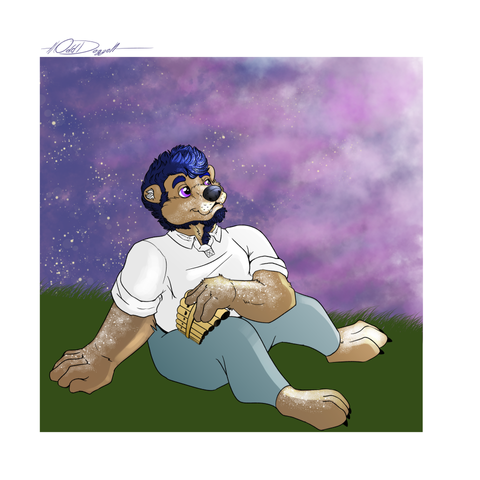 A brown bear with star like speckles over his fur sits in the grass below a purple night sky.