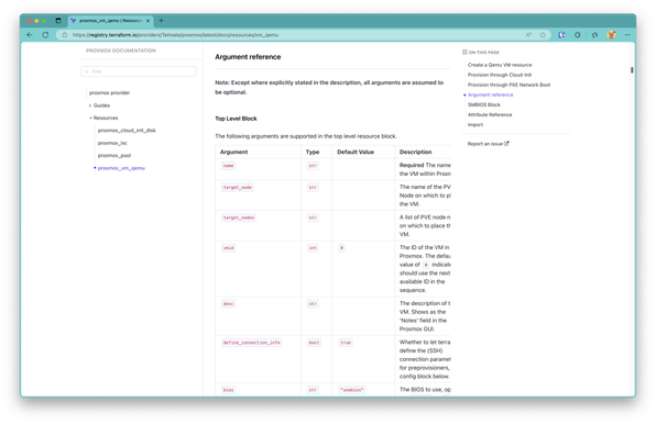 A screenshot of the terraform provider documentation for the proxmox provider. There is a table with the columns "Argument", "Type", "Default Value" and "Description". The "Description" column is cut off slightly. The "Description" column contains the most of the text, while the column "Default Value" takes up more width than necessary most of the time as that column is either empty or consists of a relatively short string. The width is as large as it is because of "network,disk,usb" (which is not visible on the screenshot).
