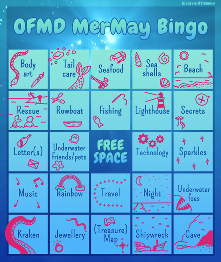 Image description by BizarreLittleMew: A 5x5 bingo sheet titled “OFMD MerMay Bingo”. The background is a screencap from the underwater post-credits scene of OFMD S2 E3, light coming from above. The bingo tiles have pink doodles related to the prompt. From left to right, top to bottom, the prompts are: Body art; Tail care; Seafood; Sea shells; Beach; Rescue; Rowboat; Fishing; Lighthouse; Secrets; Letter(s); Underwater friends/pets; free space; Technology; Sparkles; Music; Rainbow; Travel; Night; Underwater foes; Kraken; Jewellery; (Treasure) Map; Shipwreck; Cave. In the top right corner, it is watermarked “BizarreLittleMew”.