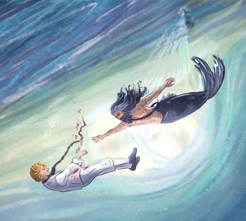 Digital illustration of Stede Bonnet and Ed Teach (as a merman). A reimagining of their meet cute, with Stede, gutstabbed, in his white outfit with a noose around his neck falling down through water and mermaid Ed with a dark purple tail reaching out to grab him. The background is bright blue and turquoise with a faint lighthouse shining light into the water. The pose is drawn from the end mission of the game tears of the kingdom.