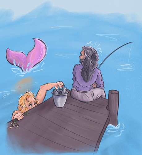 Digital illustration of Ed Teach viewed from behind sitting and fishing on a dock, merman Stede is swimming up behind him, reaching onto the dock to steal a fish from his bucket. Ed sees his tailfin splash out of the water and is surprised.