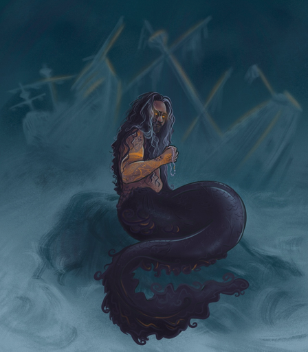 Digital illustration of Ed Teach as a merman, sitting on a rock with shipwrecks in the background. He has a dark purple tail, gold tattoos, and glowing gold eyes. He is holding a pearl necklace in his hand and looking at it with a sad expression. Overall spooky vibes.