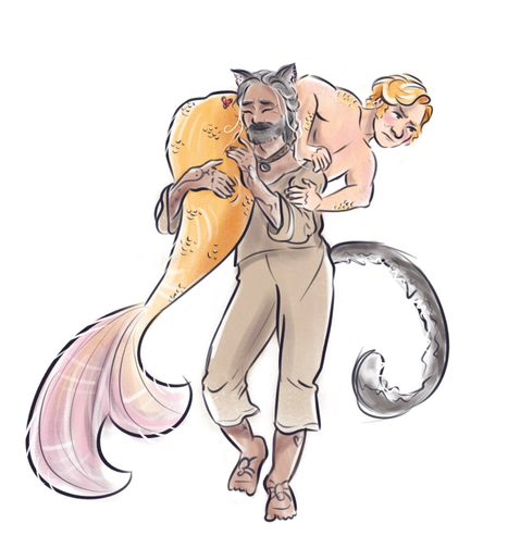 Digital illustration of Ed Teach as a catboy carrying MerStede over his shoulders. Ed is wearing his sack onesie and bell collar and has fluffy gray ears and tail, he is smiling, pleased with himself. Stede has a gold tail with a red buttheart and pink tailfin, and is holding onto Ed’s shoulder, looking grumpy.