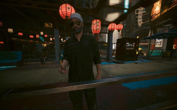 A screenshot of Cyberpunk 2077, showing protagonist V smoking a cigarette.