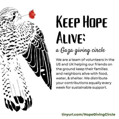 A square white graphic. On the left is a stylized ink illustration of a kestrel falcon in black on white, without outline just the black marks on its wings and face, drawn from behind. His wings are partly open and his head is turned to the right. In his beak is an anemone poppy in red ink with a green stem.
On the right is the title "Keep hope alive: a gaza giving circle" in ink-effect font. The text says "We are a team of volunteers in the US and UK helping our friends on the ground keep their families and neighbors alive with food, water, & shelter. We distribute your contributions equally every week for sustainable support." In the bottom right corner in green text is the link tinyurl.com/HopeGivingCircle.