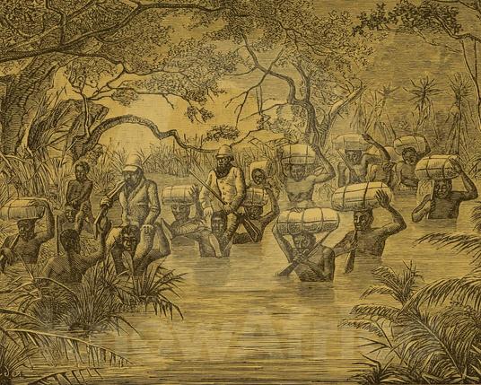Illustration of a group of black men crossing a watercourse carrying white men on their backs and parcels on their heads.