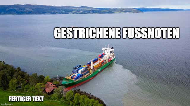 Bild von einer Küste. Links ein kleiner Haus, im Vorgarten ein riesiges Containerschiff, das weit ins Meer ragt. Kleines Haus beschriftet mit: Fertiger Text; Containerschiff mit: festrichene Fußnoten