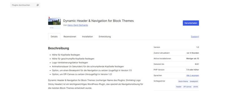 Dynamic Header & Navigation for Block Themes im WordPress Repository
