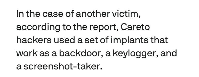 Text from a report discussing Careto hackers who used implants functioning as a backdoor, keylogger, and screenshot-taker for cyber attacks.