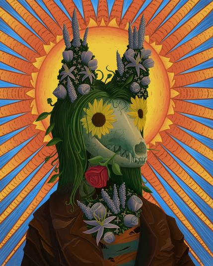 A digital painting of a fennec skull covered in foliage and flowers. Vines creep up the back of the head like hair, an arrangement of roses and other flowers make up the silhouette of ears and where should have been fluffy fur. She wears a damaged striped shirt and a leaher jacket, and sunflowers poke through her eyes as she bites on a rose. A graphic sun shines behind her on top of a blue sky - painted as if on a mural.