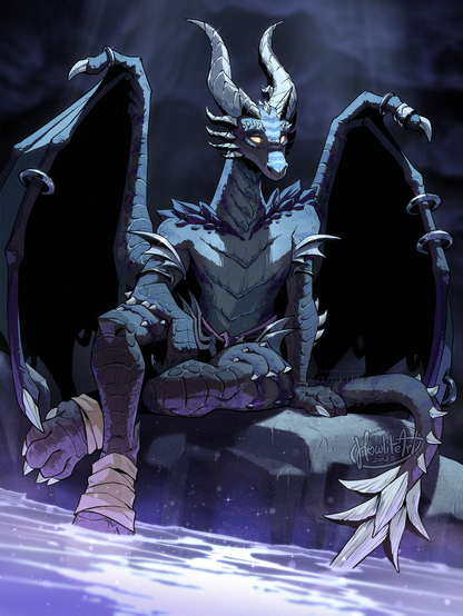 Digital art of black-scaled dracthyr (anthro dragon) with long white horns seated on a rock within a cave, staring contemplatively at the moon reflecting in the water before her. One foot and the tip of her tail are dipped into the water. She is lit from above by the moon's light, and a purplish glow from the pool softly lights her from below.