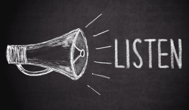 Graphic image of a megaphone with the word "LISTEN" coming from its open end.
