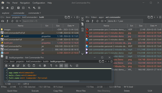 File manager Ant Commander Pro in dark mode