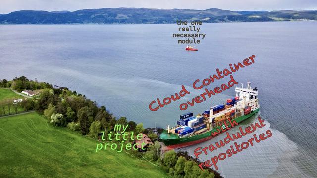 Das Bild zeigt eine Luftaufnahme eines Küstengebiets mit einem großen Containerschiff, das am Ufer auf Grund gelaufen ist. Es hat ein Haus an der Küste nur knapp verfehlt. Das Schiff ist mit verschieden farbigen Containern beladen. Im Hintergrund erstrecken sich sanfte Hügel und eine ruhige Bucht. Links im Bild ist ein grünes Feld mit Bäumen und ein kleines Gebäude zu sehen. Über dem Bild sind mehrere Texte in verschiedenen Farben und Schriftarten überlagert. 
Der Text "my little project" ist über dem Haus an der Küste in grün und in einer geschwungenen Schrift geschrieben.
Ein weiterer Text: "Cloud Container overhead with Fraudulent repositories." Steht um das Containerschiff herum. Hinten am Horizont ist ein weiteres kleines Schiff zu sehen an dem der Text "the one really necessary module" steht.
Diese Texte scheinen metaphorisch zu sein und verweisen auf Themen im Zusammenhang mit Softwareentwicklung und Cloud-Technologie.
