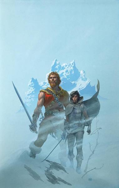 Through the haze of a mountaintop flurry, Grey Mouser steps with determination toward the camera, rapier angled low, as wind whips his hooded cloak. Bearded Fafhrd with short red-blonde hair, curly and tousled, towers next to him. A bandolier of metal buckles crosses Fafhrd's sleeveless scarlet tunic. His thickly muscled arms are bare to the elements as he boldly stares distantly with his sword angled up at the ready. One fur-cuffed boot is buried in a bank of snow. A mountain peak composed of ghastly faces rises above them highlighted icy white with shadows of soft blue.