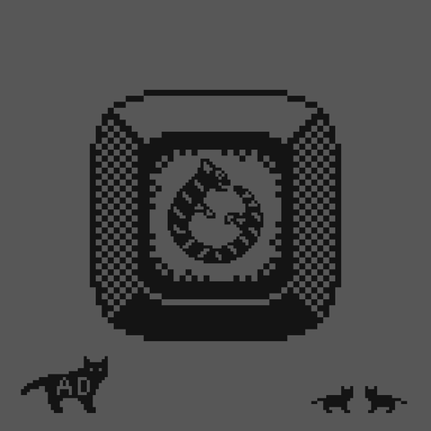 A monochrome pixel art drawing of a cat chasing it's own tail in the shape of the ouroboros symbol