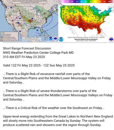 Valid 12Z Fri May 23 2025 - 12Z Sun May 25 2025

...There is a Slight Risk of excessive rainfall over parts of the
Central/Southern Plains and the Middle/Lower Mississippi Valley on Friday
and Saturday...

...There is a Slight Risk of severe thunderstorms over parts of the
Central/Southern Plains and the Middle/Lower Mississippi Valleys on Friday
and Saturday...

...There is a Critical Risk of fire weather over the Southwest on Friday...