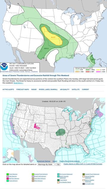 Isolated to scattered severe thunderstorms should develop across parts of the southern and central Plains this afternoon through the overnight hours, with large hail and severe gusts the main threats. Isolated very large hail greater than 2 inches in diameter may occur.
WeatherAwareDay #weather #wx #SPC #TheOutPost #SevereWeather  


Areas of Severe Thunderstorms and Excessive Rainfall through This Weekend
Severe thunderstorms are expected across portions of the central into southern Plains into Sunday, with large hail and severe gusts the main threats. The threat for heavy to excessive rainfall and possible flash flooding will return to the south-central U.S. Friday into this weekend