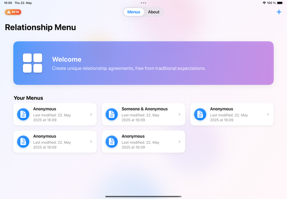 Screenshot of the 'Relationship Menu' app on an iPad. The screen shows a welcome banner inviting users to create custom relationship agreements, and a list of saved menus, most labeled 'Anonymous' with timestamps from May 22, 2025.
