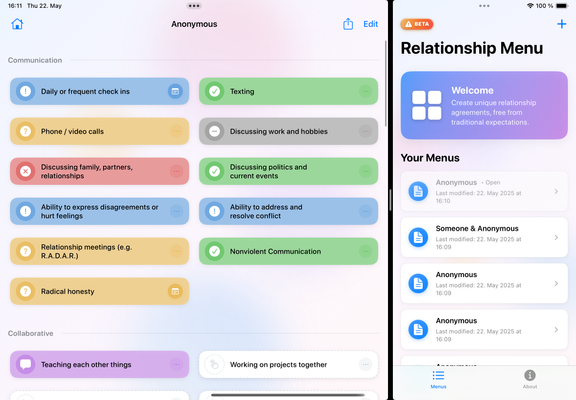 Split-screen view of the 'Relationship Menu' app on an iPad. The left side shows a detailed communication menu with color-coded relationship preferences like 'Texting' (green), 'Discussing family, partners, relationships' (red), and 'Nonviolent Communication' (green). The right side shows the main menu listing saved relationship menus, including one labeled 'Anonymous' marked as open.