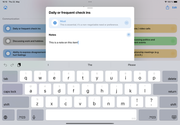 Screenshot of the 'Relationship Menu' app on an iPad. The main focus is on a modal dialog titled 'Daily or frequent check ins' with a blue 'Must' priority indicator stating 'This is essential; it's a non-negotiable need or preference.' Below is a Notes section with editable text that reads 'This is a note on this item.' The background shows other communication preference items including 'Discussing work and hobbies,' 'Ability to express disagreement without hurt feelings,' and partially visible items about phone/video calls, politics discussion, and relationship meetings. An iOS keyboard is visible at the bottom of the screen.