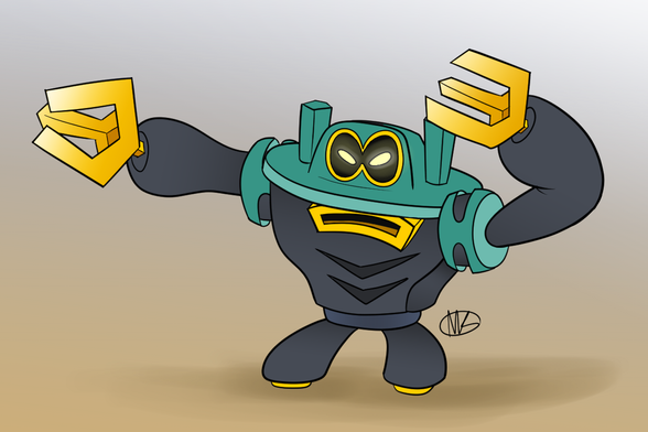 Shun, from the Extension Corps. He is doing a muscle-man type pose. He has three pronged hands, and his body looks like he is made from a serial or VGA type computer cable plug.