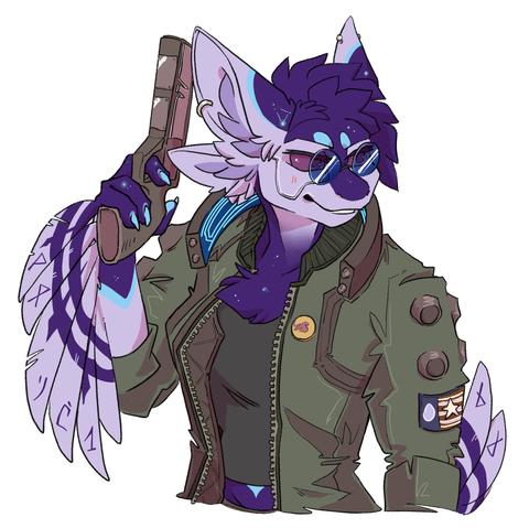Anthro purple female avali digital drawing in cyberpunk outfit
