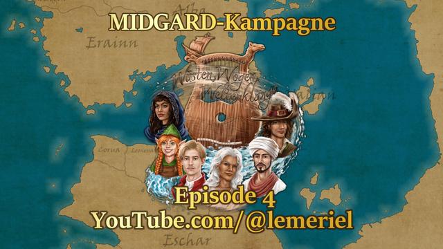Das Bild zeigt einen Kartenausschnitt der Welt Midgard vom Rollenspielsystem MIDGARD. Es sind die Länder Alba, Erainn, Eschar, Chryseia, Küstenstaaten und Valian zu sehen. In der Mitte befindet sich das Logo der Kampagne „Wüsten, Wogen, Weltenklänge“. Es zeigt eine hölzerne Lyra-Harfe deren Tonkörper von Schnitzereien aus Wellen und Sanddünen verziert wird. Die Griffe der Harfe laufen oben in den Kopf eines Kamels und eines Segelschiffs aus. Bei den Saiten prangt der Name der Kampagne und Sand weht durch die Seiten, welcher langsam in Wasser übergeht.

Im Halbrund sind die Köpfe der sechs Spielfiguren dargestellt. Von links nach rechts sind dies: Die scharidische Ad’ifaah mit ihrem dunkelblauen Kopftuch, die Berggnomin Mira mit ihren roten Haaren und der grünen Lederkappe, der blonde Laran-Priester Auro in seinem roten Wappenrock, der weißhaarige Barde Izavel in seiner Toga, der Scharide Nuri mit seinem Turban und der braunhaarige Paolo, welcher einen braunen Hut mit hellbrauner Hutkrempe und einem roten Hutband samt zwei weißen Federn trägt.

Oberhalb des Logos steht „MIDGARD-Kampagne“ und unterhalb „Episode 4“ und der YouTube-Link zum Kanal von Lemeriel.