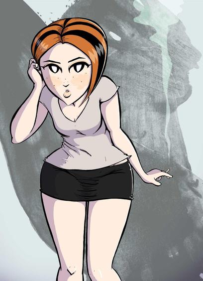 Drawing of Mary from 8:1 leaning forward a little smoking a cigarette.