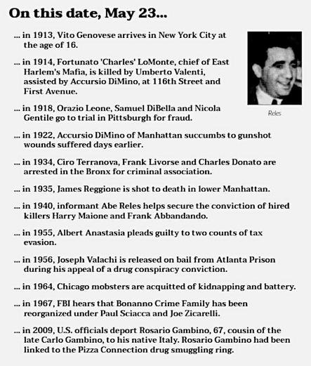 Collection of crime history items from May 23. Image of Abe Reles.