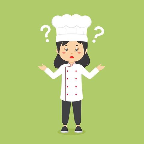 Una ilustración de dibujos animados de una joven chef con un gorro de cocinero blanco, expresión confundida y signos de interrogación sobre su cabeza. Ella tiene los brazos extendidos a los lados, como si estuviera expresando incertidumbre o buscando respuestas. Lleva un uniforme de chef blanco con detalles rojos y pantalones negros. El fondo es de color verde claro.