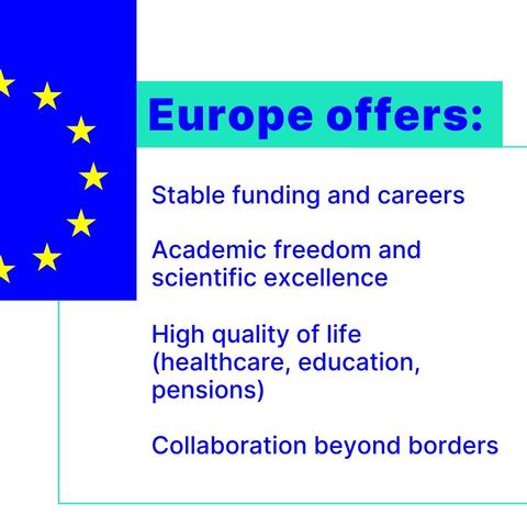 The EU flag is shown with a headline "Europe offers:" followed by a list: Stable funding and careers, Academic freedom and scientific excellence, High quality of life (healthcare, education, pensions), and Collaboration beyond borders.