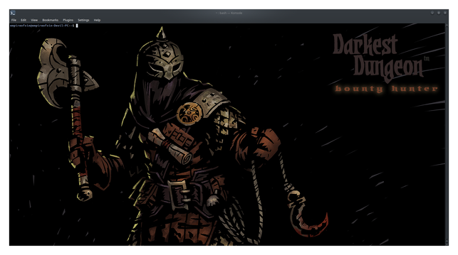 A picture of the Darkest Dungeon character known as "The Bounty Hunter" is the background of my Konsole (terminal that all distros that use KDE have access to). A man is rendered faceless by a helm with an obscuring bluish-black cloth installed underneath the eyeholes; he's holding an artistically shaped ax and hooked rope with a bloody tip.