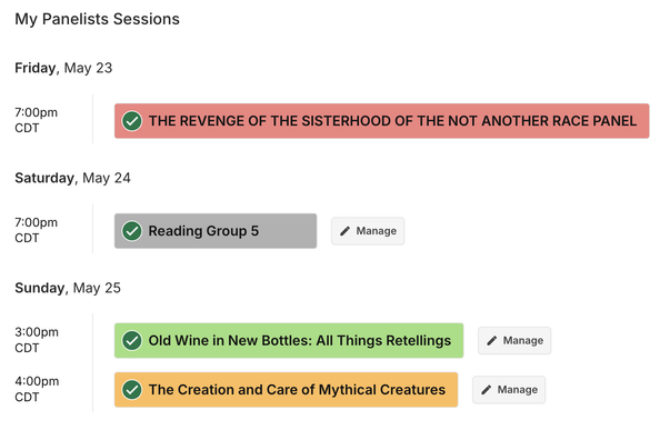 Friday 7pm central: Not A Race Panel
Saturday 7pm central: Reading
Sunday 3pm central: Retellings panel
Sunday 4pm central: Mythical Creatures panel