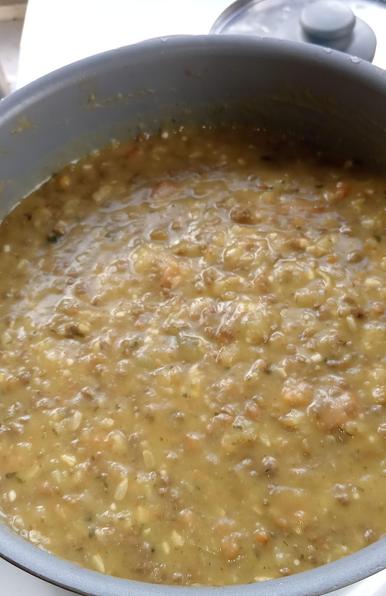 photo of a big pot of a brown stew with lil bits of random stuff in it